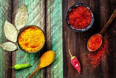 Spices on wooden background